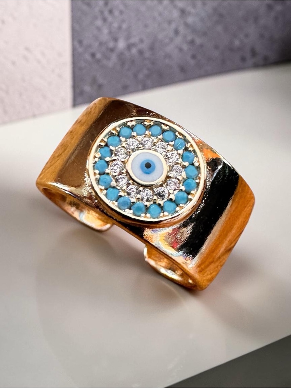 Gold Plated Evil Eye Wide Band Signet Ring with Turquoise and Blue Crystals. New